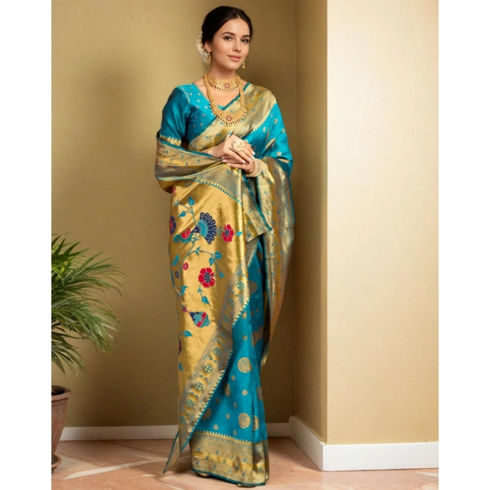 Generic Women's Silk Blend Paithani Saree With Unstitched Blouse 5.5Mtr (Rama)