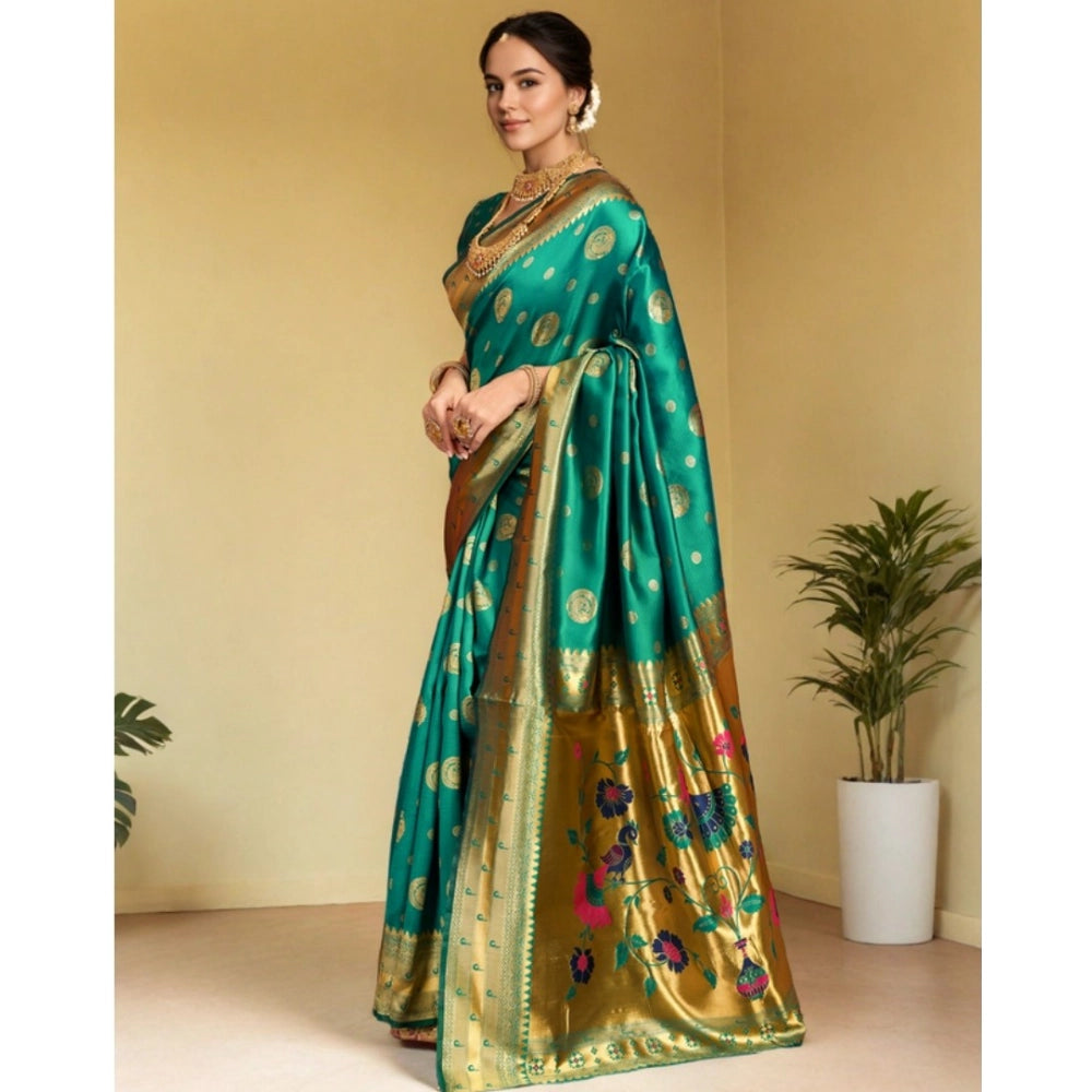 Generic Women's Silk Blend Paithani Saree With Unstitched Blouse 5.5Mtr (Green) Secondary image