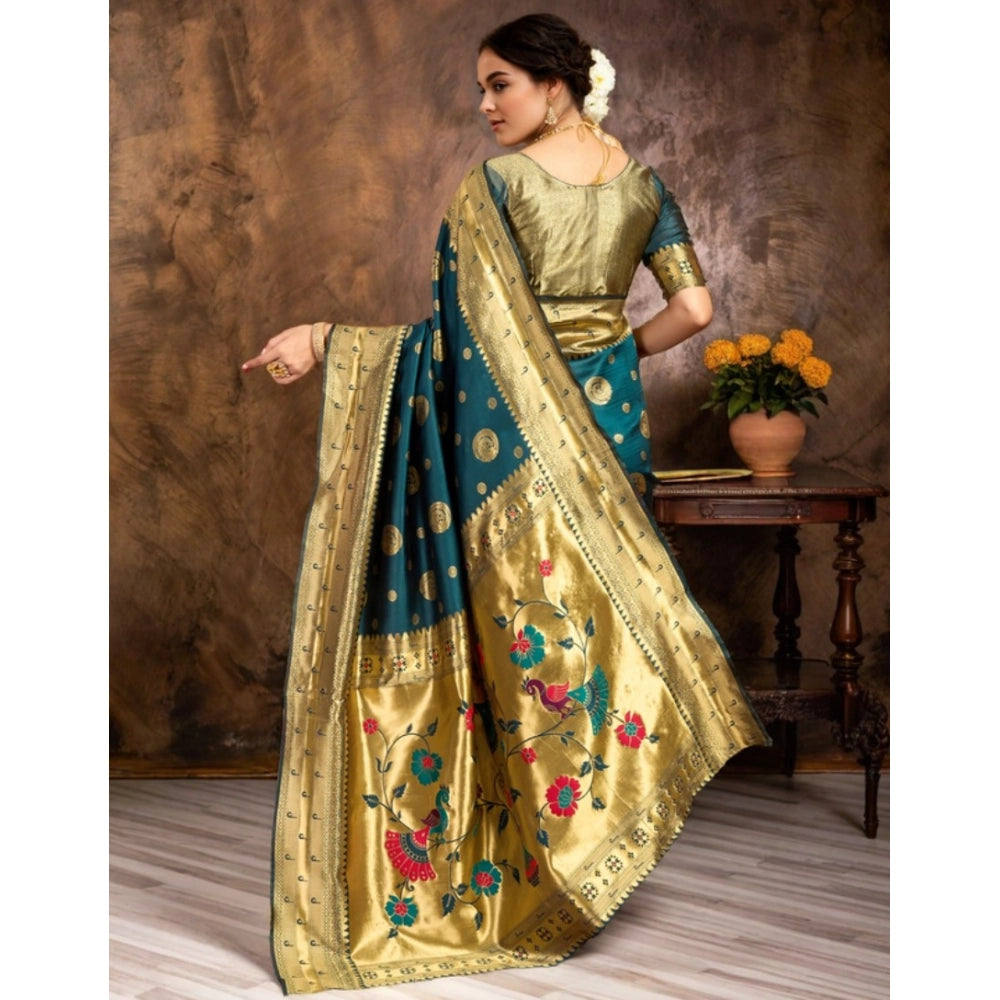Generic Women's Silk Blend Paithani Saree With Unstitched Blouse 5.5Mtr (Teal)