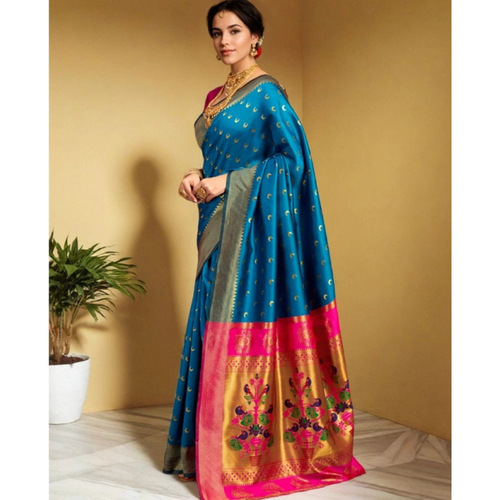 Generic Women's Silk Blend Zari Woven Saree With Unstitched Blouse 5.5Mtr (Aqua)