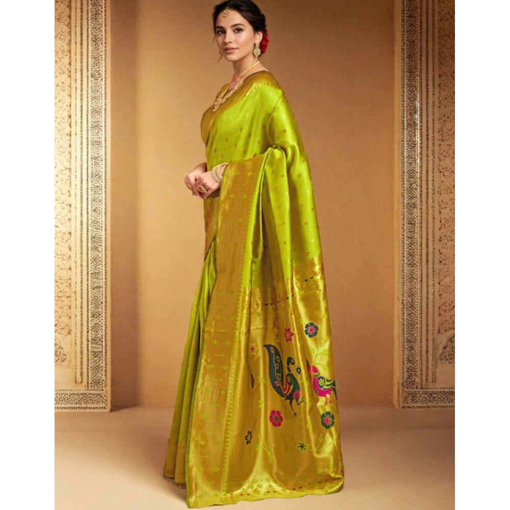 Generic Women's Silk Blend Zari Weaving Saree With Unstitched Blouse 5.5Mtr (Lime-Green) Secondary image
