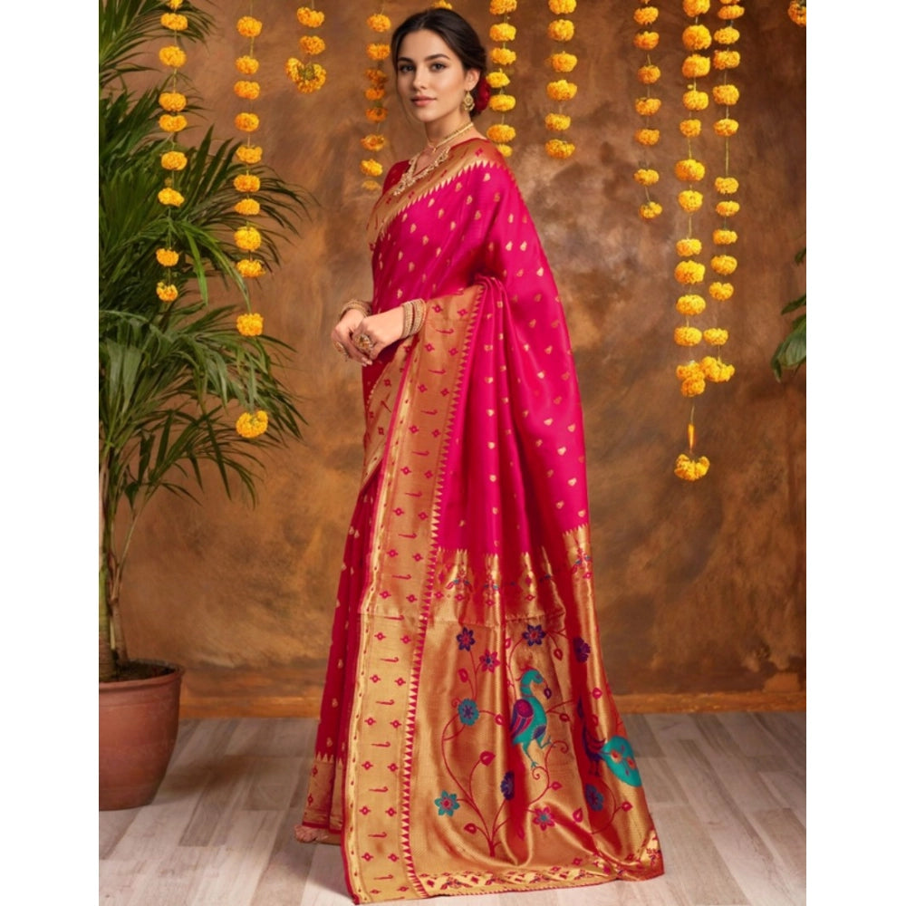 Generic Women's Silk Blend Zari Weaving Saree With Unstitched Blouse 5.5Mtr (Pink) Secondary image