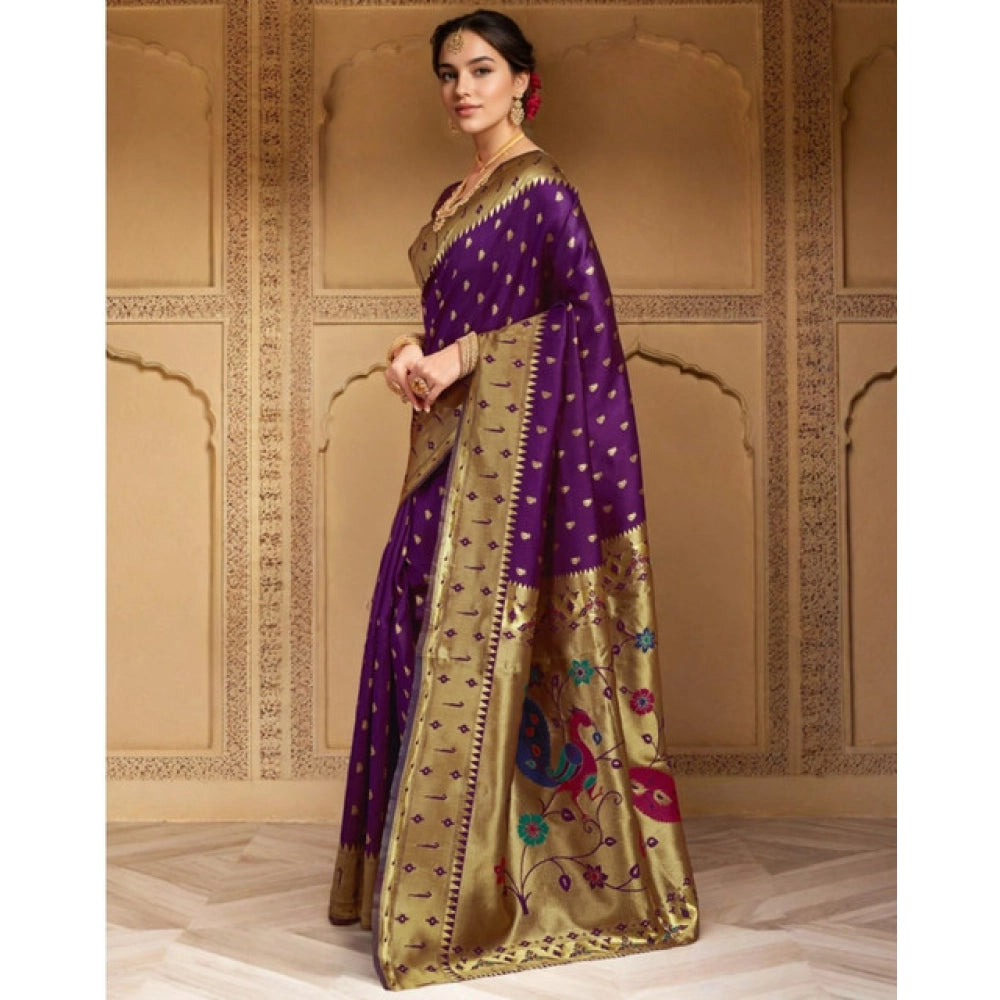 Generic Women's Silk Blend Zari Weaving Saree With Unstitched Blouse 5.5Mtr (Purple) Secondary image