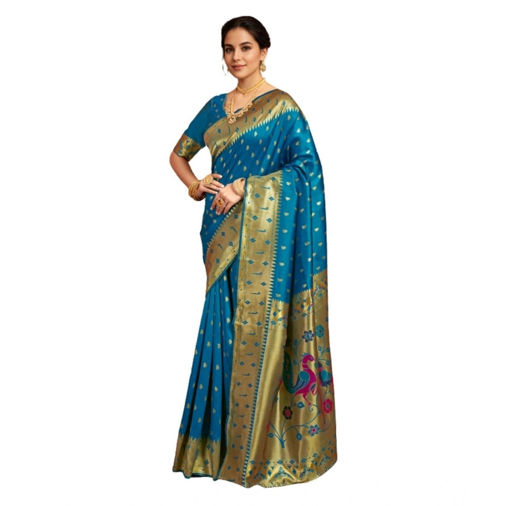 Generic Women's Silk Blend Zari Weaving Saree With Unstitched Blouse 5.5Mtr (Turquoise) Main image