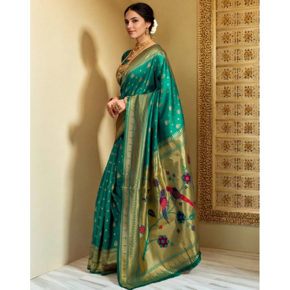 Generic Women's Silk Blend Zari Weaving Saree With Unstitched Blouse 5.5Mtr (Green) Secondary image