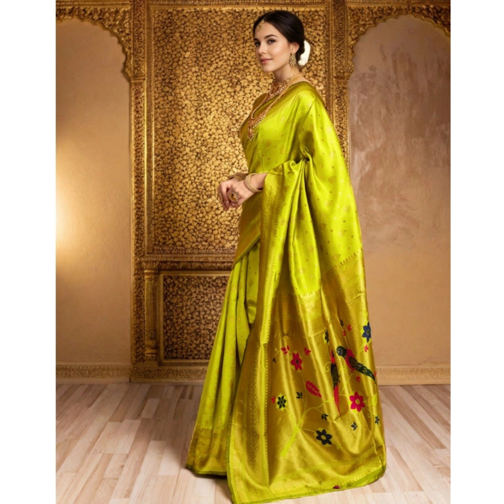 Generic Women's Silk Blend Zari Weaving Saree With Unstitched Blouse 5.5Mtr (Lime-Green) Secondary image