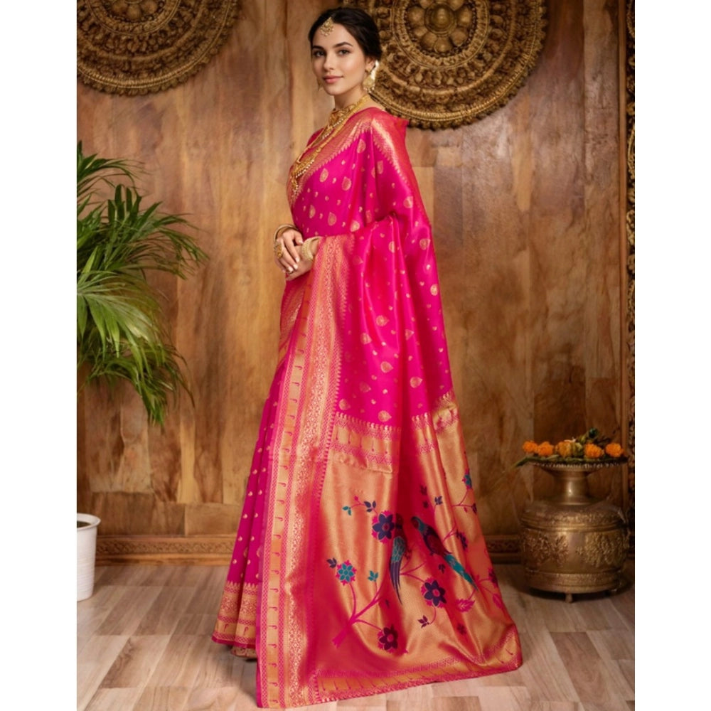 Generic Women's Silk Blend Zari Weaving Saree With Unstitched Blouse 5.5Mtr (Pink) Secondary image
