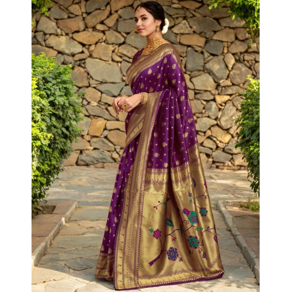 Generic Women's Silk Blend Zari Weaving Saree With Unstitched Blouse 5.5Mtr (Purple) Secondary image