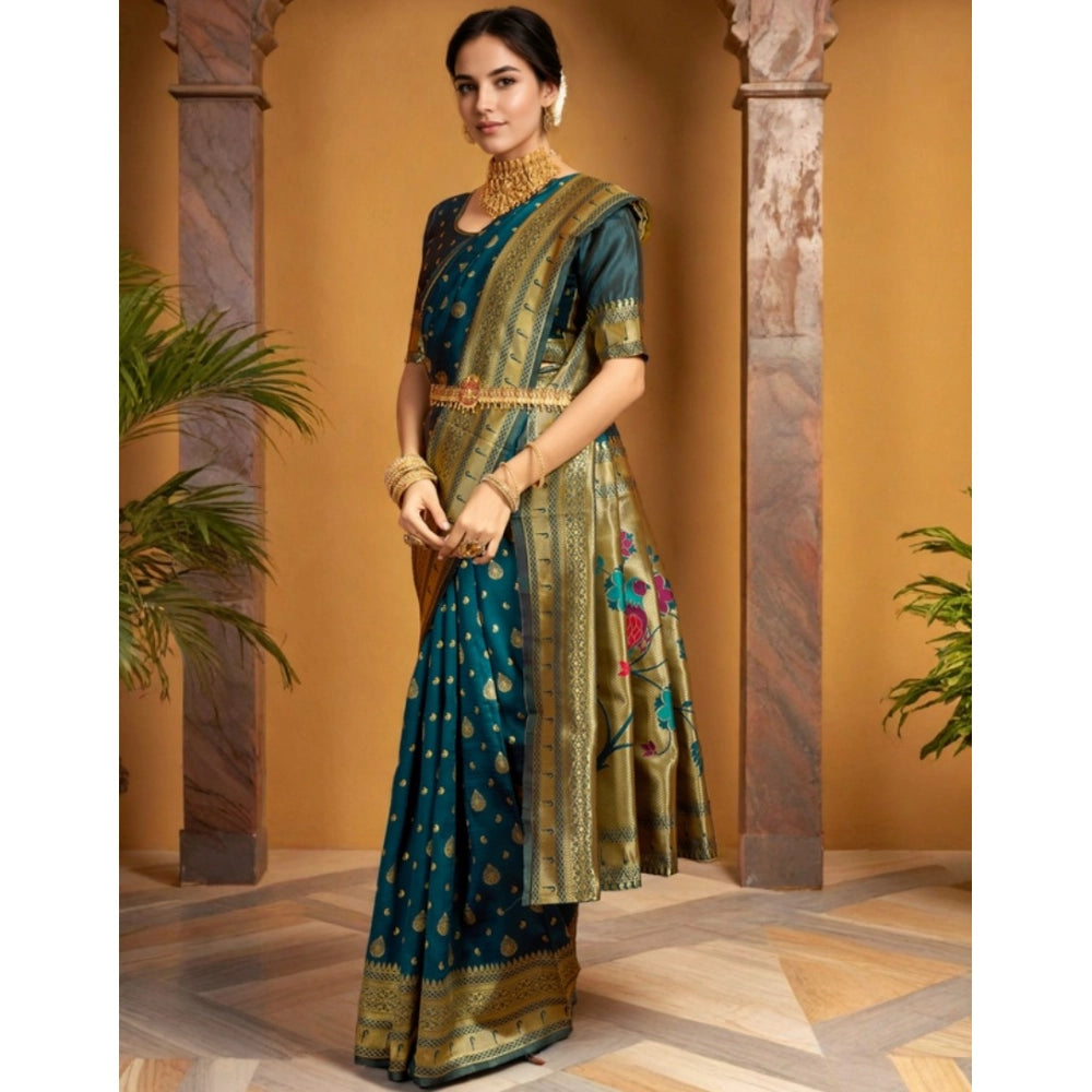 Generic Women's Silk Blend Zari Weaving Saree With Unstitched Blouse 5.5Mtr (Teal)