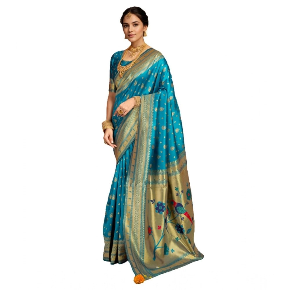Generic Women's Silk Blend Zari Weaving Saree With Unstitched Blouse 5.5Mtr (Turquoise) Main image