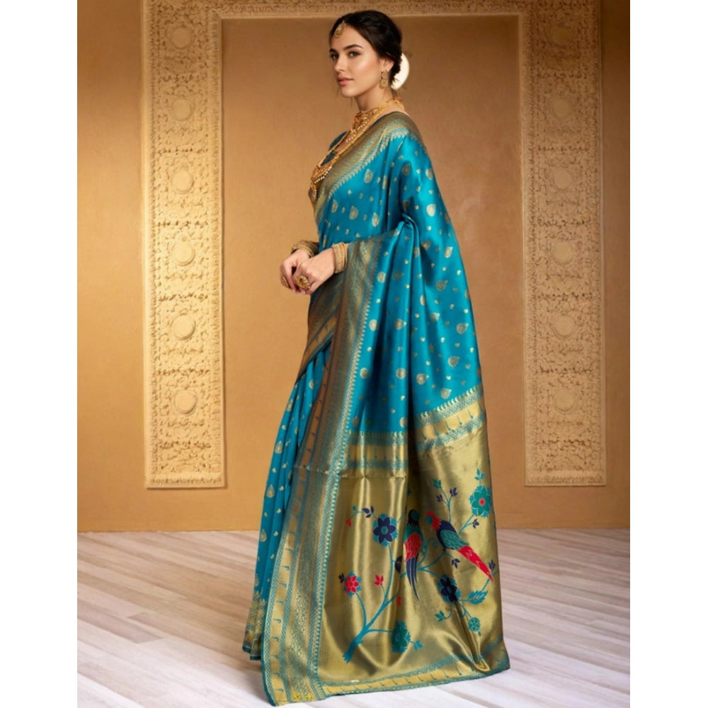 Generic Women's Silk Blend Zari Weaving Saree With Unstitched Blouse 5.5Mtr (Turquoise) Secondary image