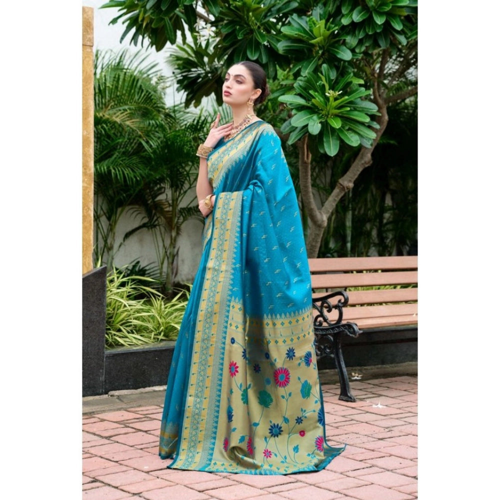 Generic Women's Silk Blend Paithani Weaving Saree With Unstitched Blouse 5.5Mtr (Aqua) Secondary image