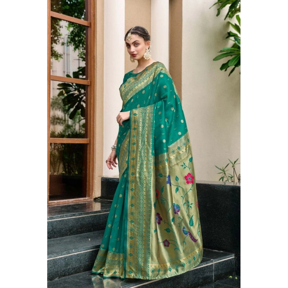 Generic Women's Silk Blend Paithani Weaving Saree With Unstitched Blouse 5.5Mtr (Green) Secondary image
