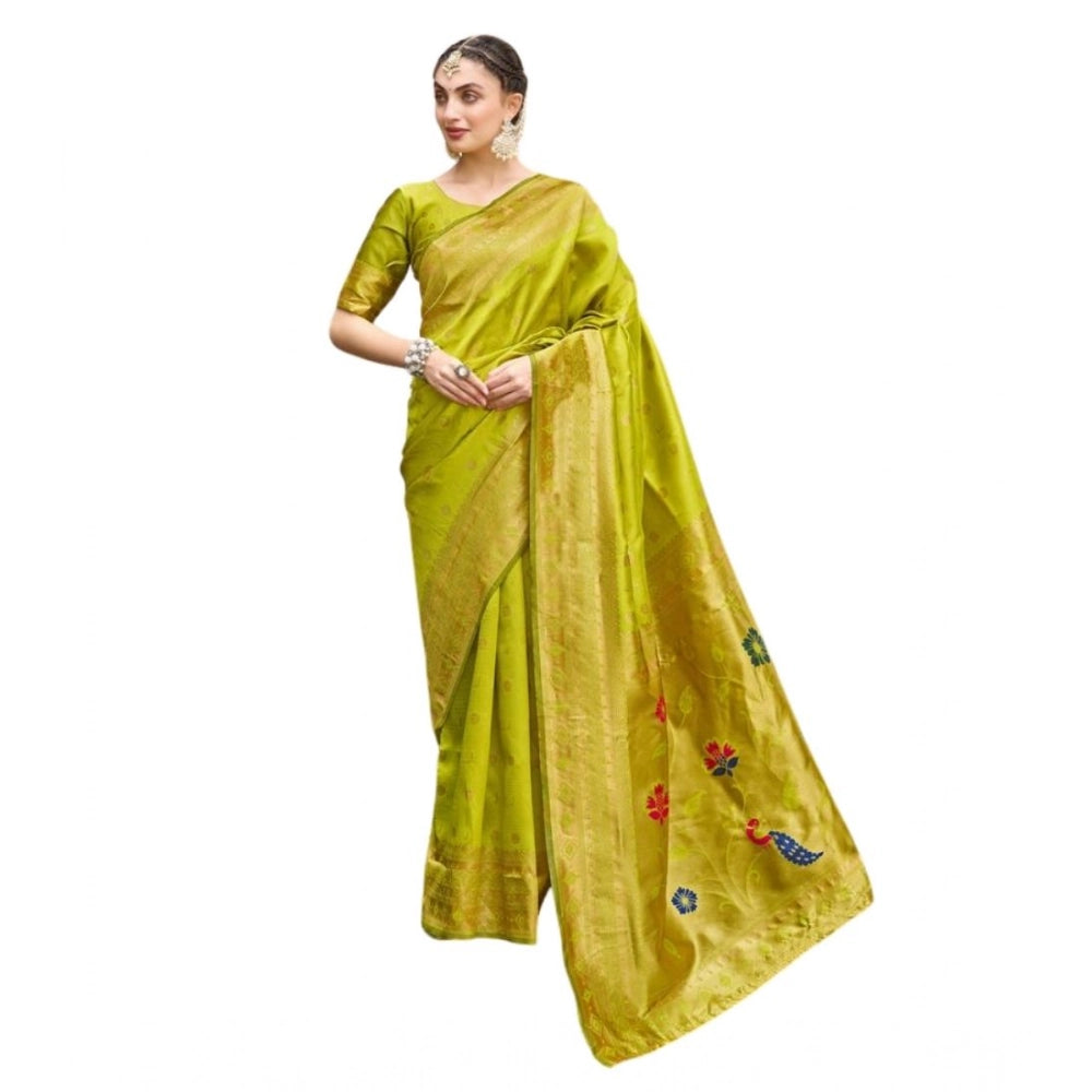 Generic Women's Silk Blend Paithani Weaving Saree With Unstitched Blouse 5.5Mtr (Lime Green) Main image