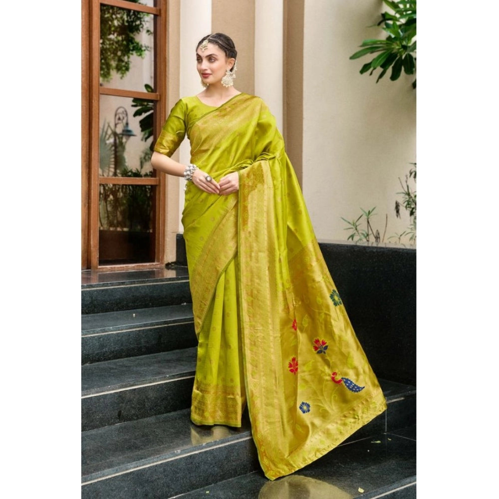 Generic Women's Silk Blend Paithani Weaving Saree With Unstitched Blouse 5.5Mtr (Lime Green)