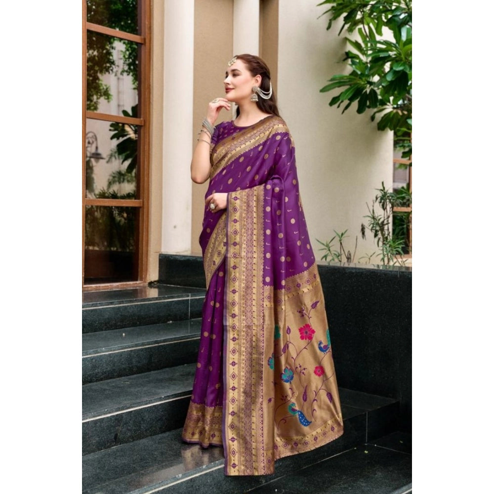 Generic Women's Silk Blend Paithani Weaving Saree With Unstitched Blouse 5.5Mtr (Purple) Secondary image