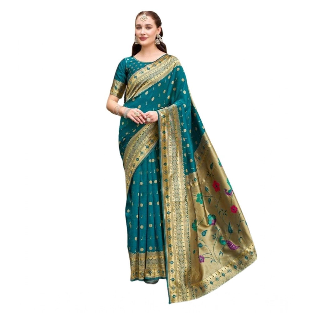 Generic Women's Silk Blend Paithani Weaving Saree With Unstitched Blouse 5.5Mtr (Rama) Main image