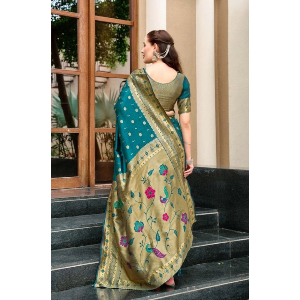 Generic Women's Silk Blend Paithani Weaving Saree With Unstitched Blouse 5.5Mtr (Rama) Secondary image