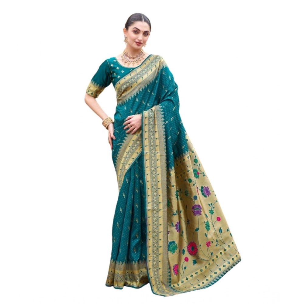 Generic Women's Silk Blend Paithani Weaving Saree With Unstitched Blouse 5.5Mtr (Teal) Main image