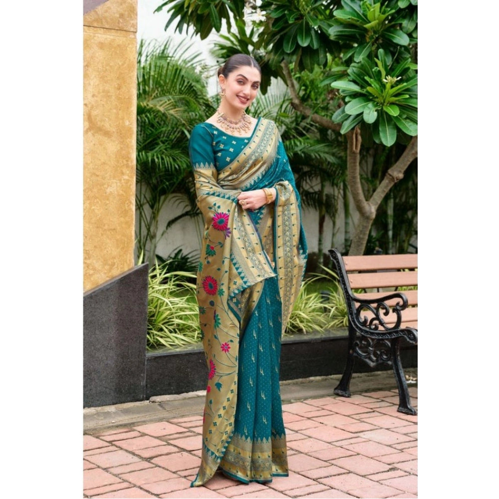 Generic Women's Silk Blend Paithani Weaving Saree With Unstitched Blouse 5.5Mtr (Teal) Secondary image