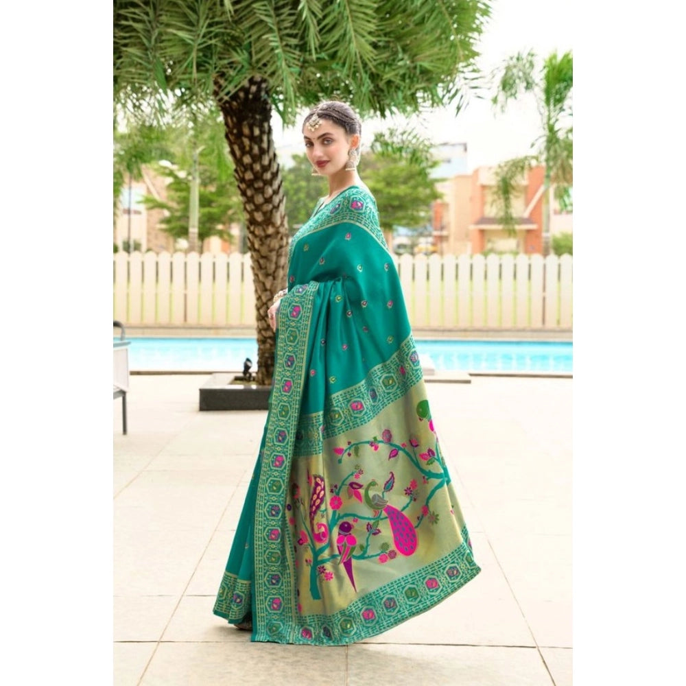 Generic Women's Silk Blend Paithani Weaving Saree With Unstitched Blouse 5.5Mtr (Green) Secondary image