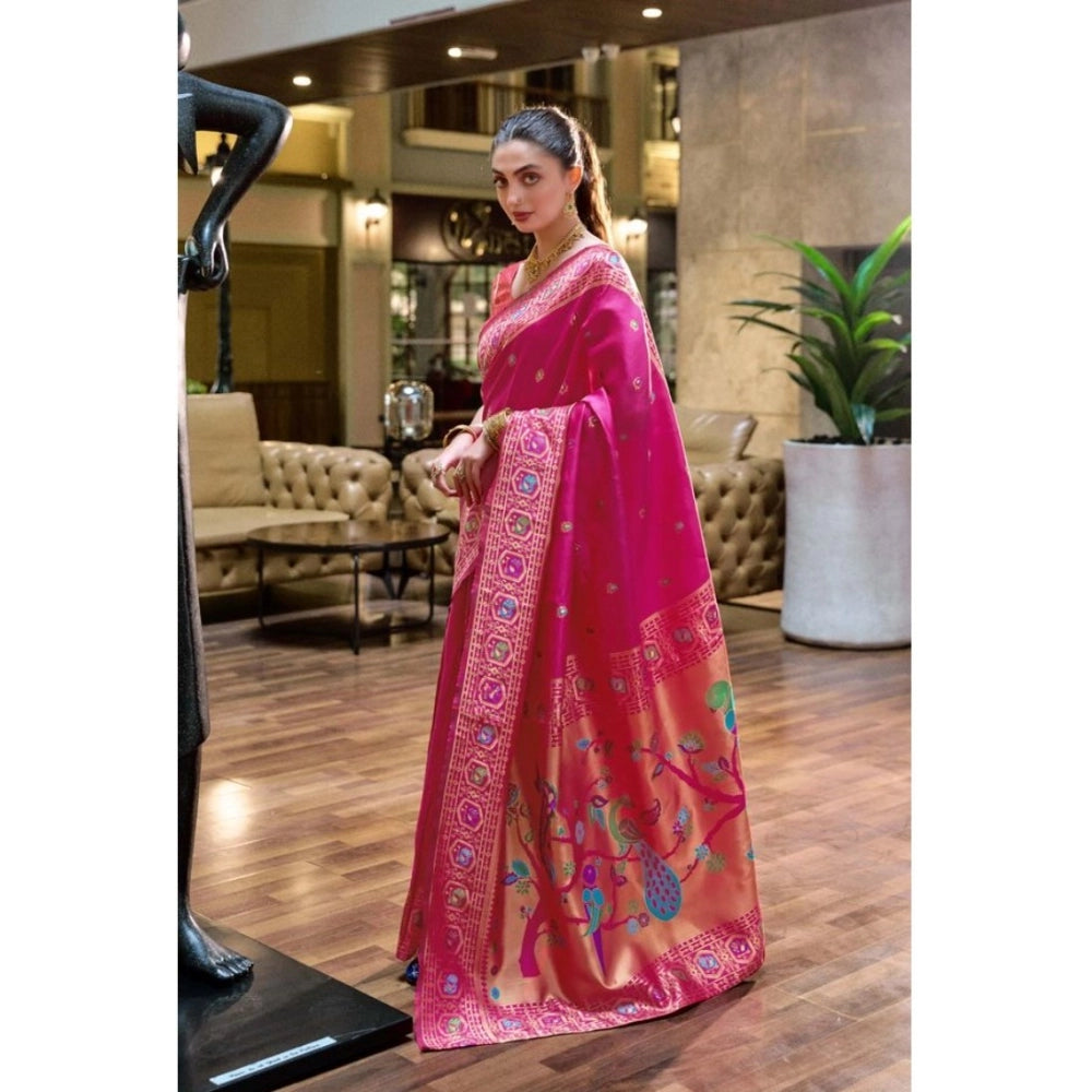 Generic Women's Silk Blend Paithani Weaving Saree With Unstitched Blouse 5.5Mtr (Pink) Secondary image