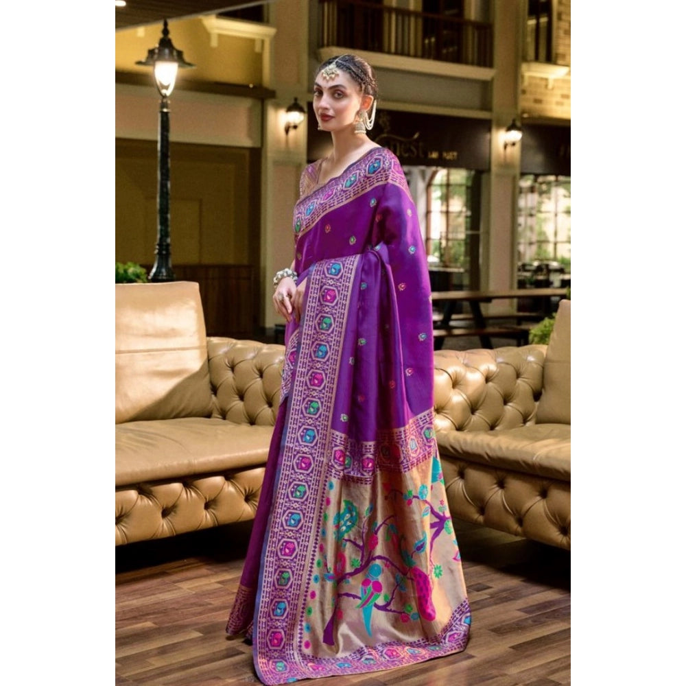 Generic Women's Silk Blend Paithani Weaving Saree With Unstitched Blouse 5.5Mtr (Purple) Secondary image