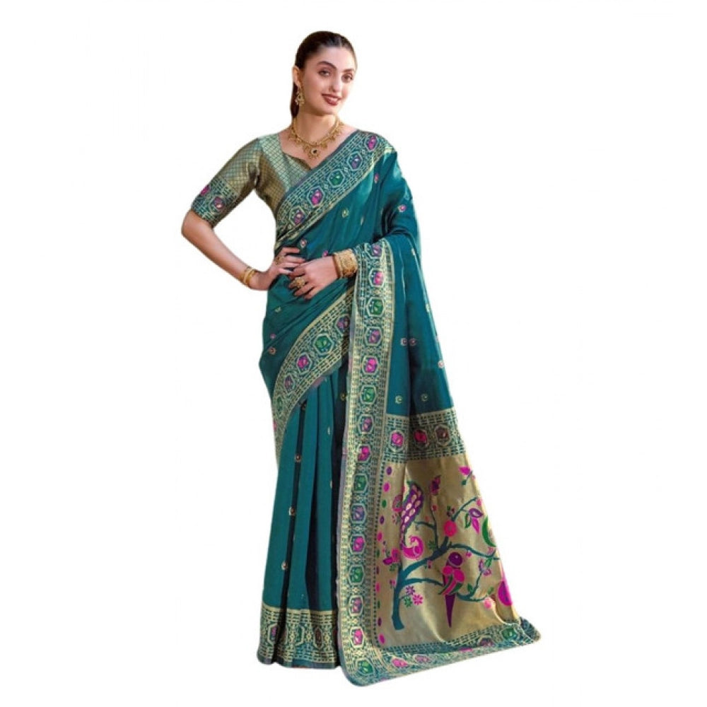 Generic Women's Silk Blend Paithani Weaving Saree With Unstitched Blouse 5.5Mtr (Teal) Main image