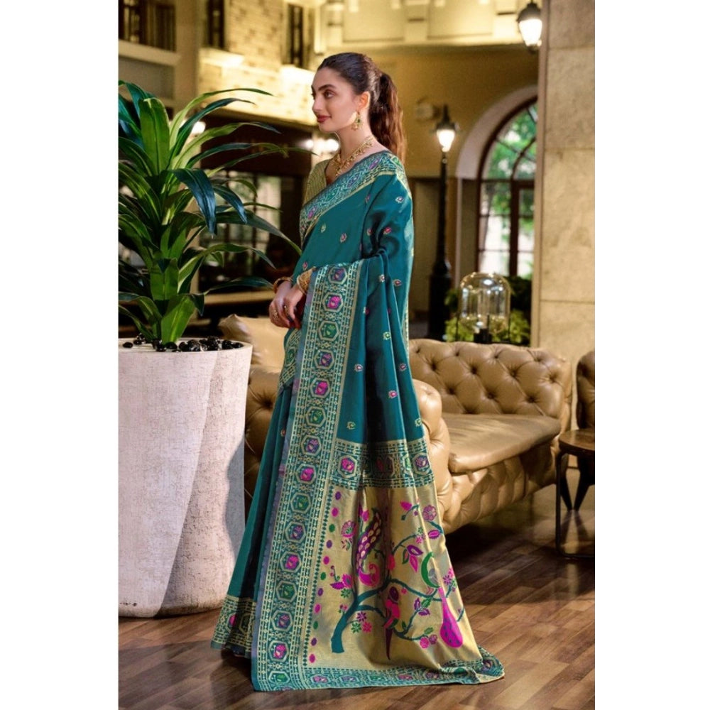 Generic Women's Silk Blend Paithani Weaving Saree With Unstitched Blouse 5.5Mtr (Teal) Secondary image