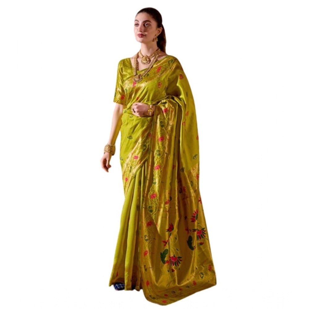 Generic Women's Silk Blend Zari Woven Saree With Unstitched Blouse 5.5Mtr (Lime Green)