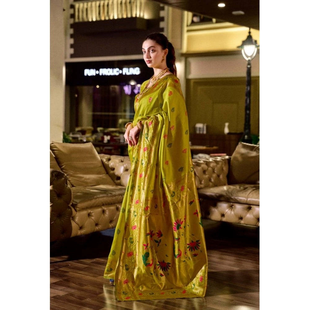 Generic Women's Silk Blend Zari Woven Saree With Unstitched Blouse 5.5Mtr (Lime Green) Secondary image