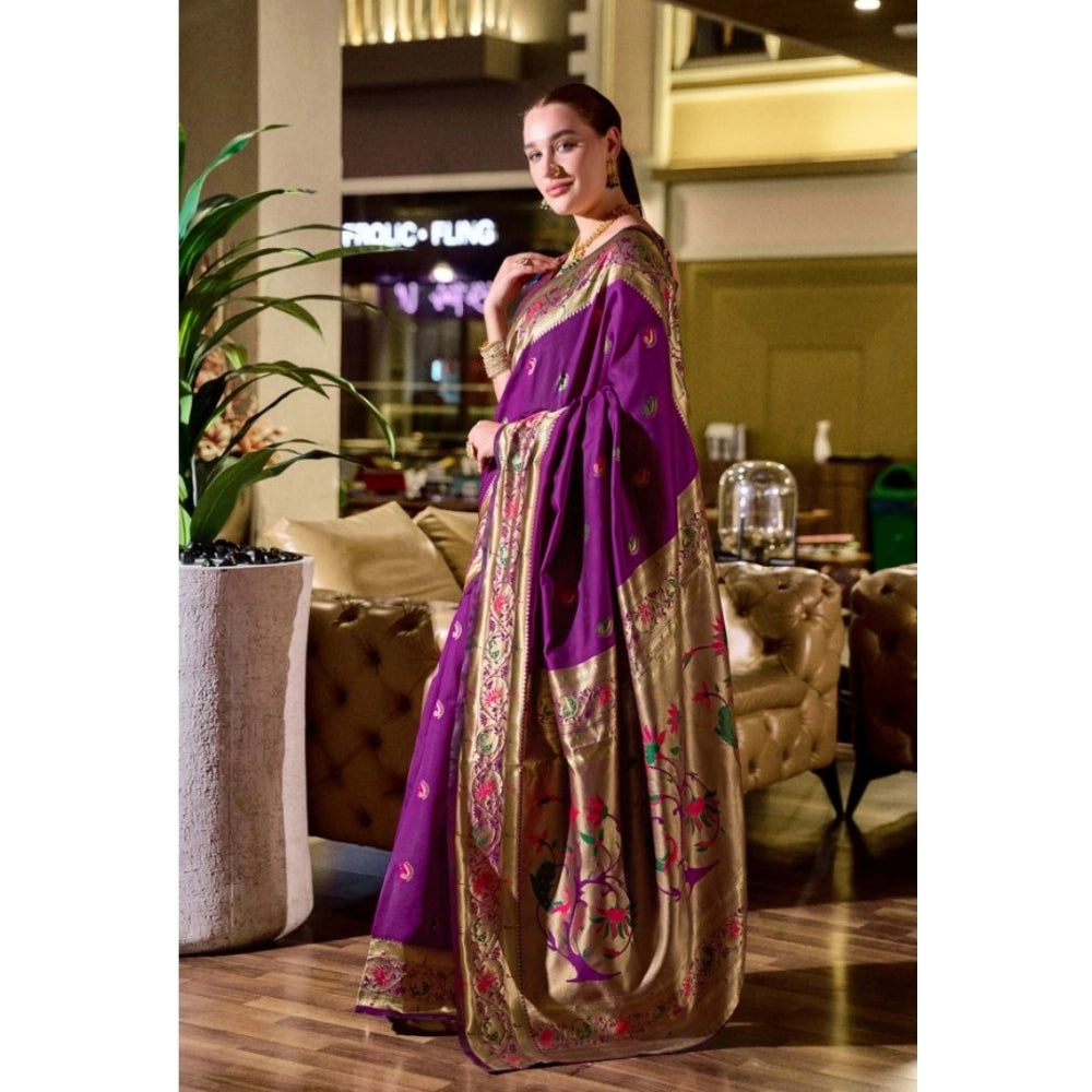 Generic Women's Silk Blend Zari Woven Saree With Unstitched Blouse 5.5Mtr (Purple) Secondary image