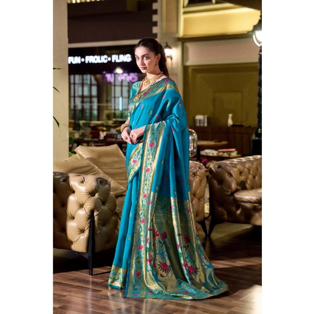 Generic Women's Silk Blend Zari Woven Saree With Unstitched Blouse 5.5Mtr (Turquoise) Secondary image