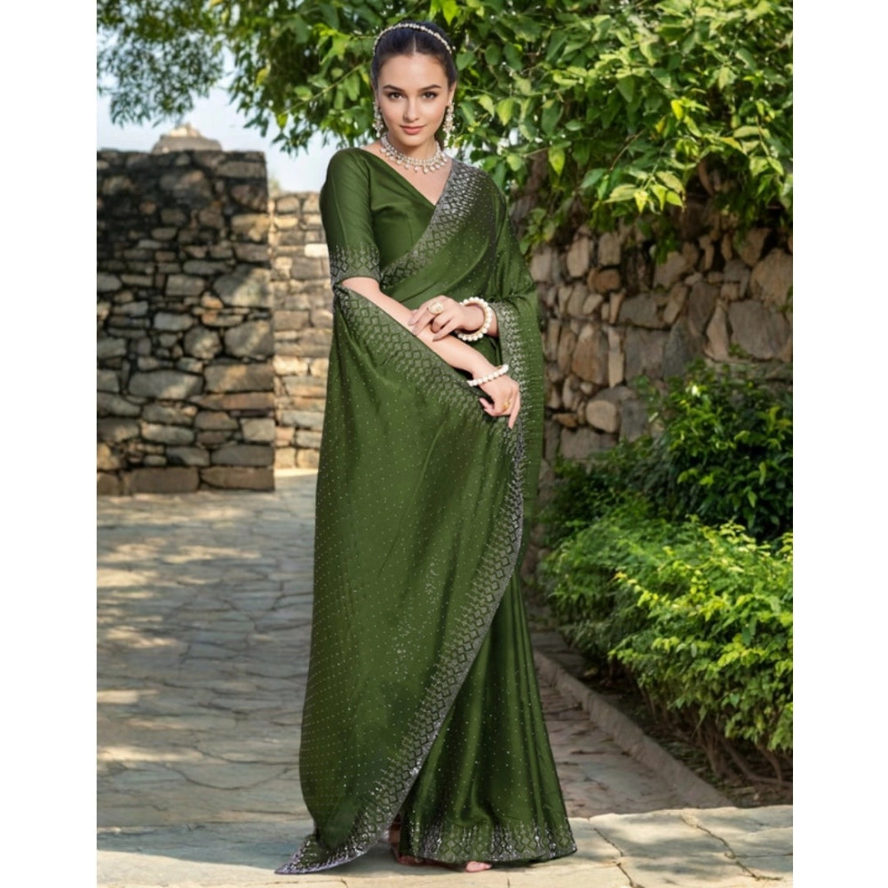 Generic Women's Rangoli Diamond Weaving - Stone Work Saree With Unstitched Blouse 5.5Mtr (Mahendi)