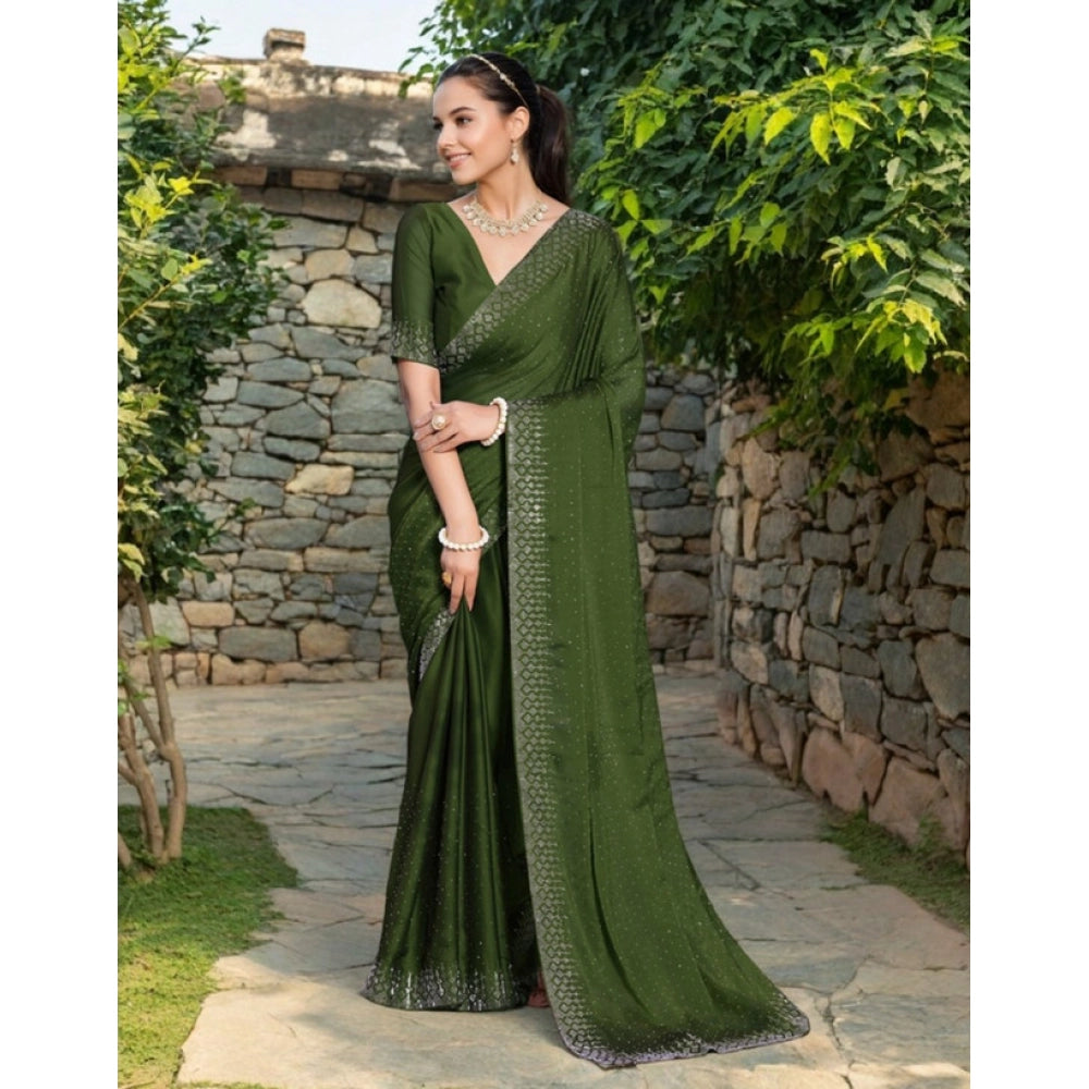 Generic Women's Rangoli Diamond Weaving - Stone Work Saree With Unstitched Blouse 5.5Mtr (Mahendi) Secondary image