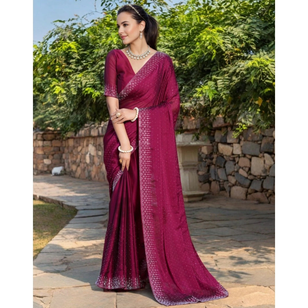 Generic Women's Rangoli Diamond Weaving - Stone Work Saree With Unstitched Blouse 5.5Mtr (Maroon) Secondary image