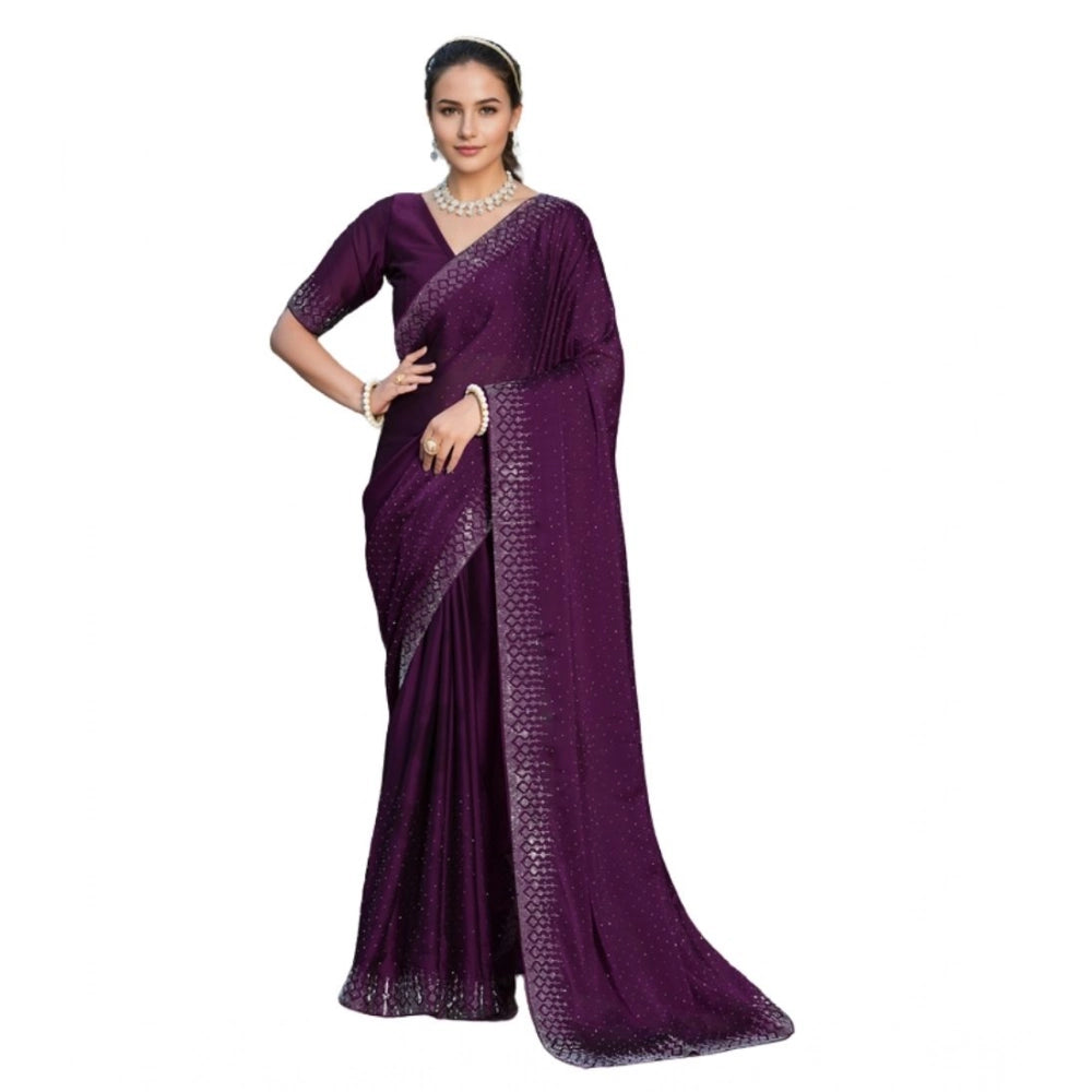 Generic Women's Rangoli Diamond Weaving - Stone Work Saree With Unstitched Blouse 5.5Mtr (Purple) Main image