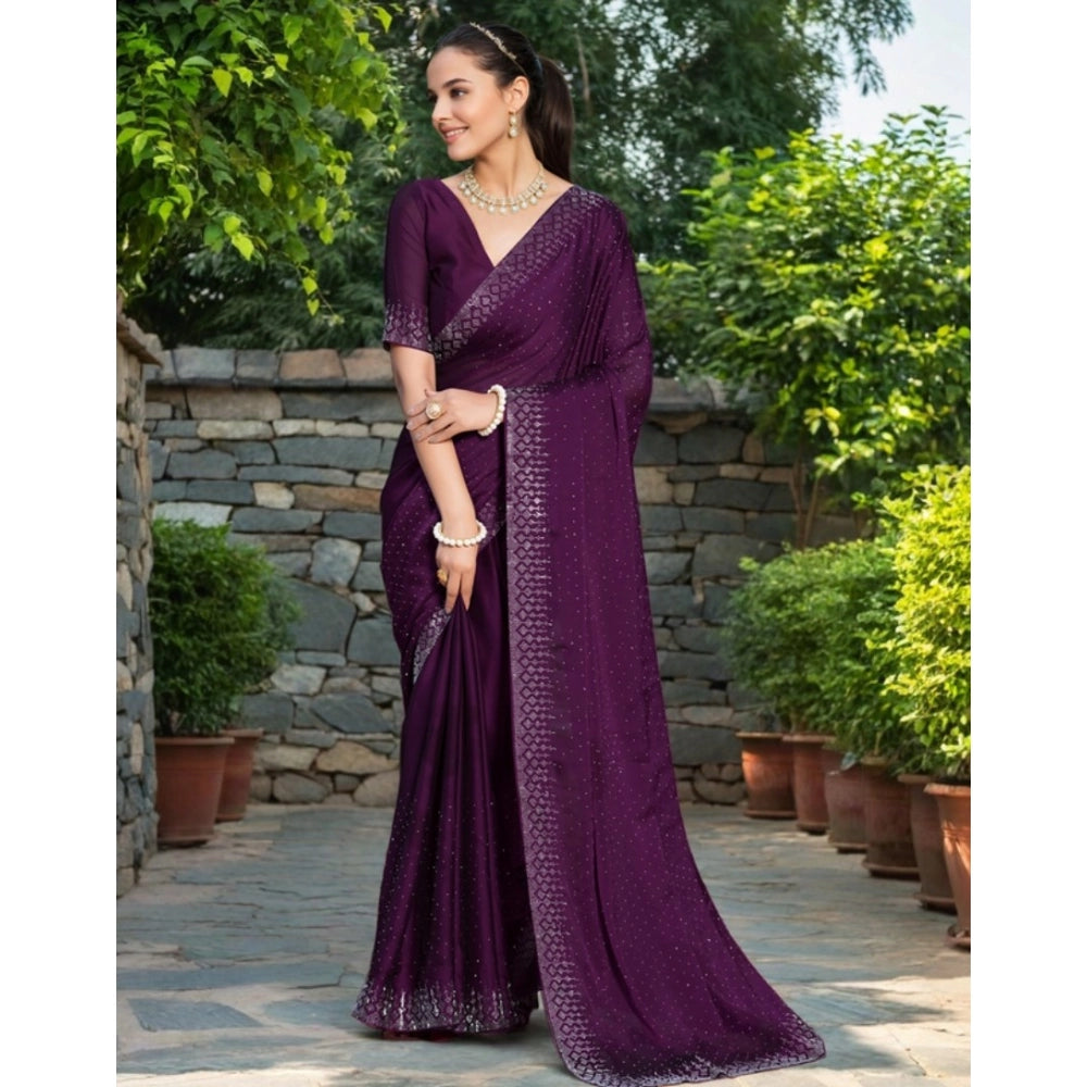 Generic Women's Rangoli Diamond Weaving - Stone Work Saree With Unstitched Blouse 5.5Mtr (Purple) Secondary image