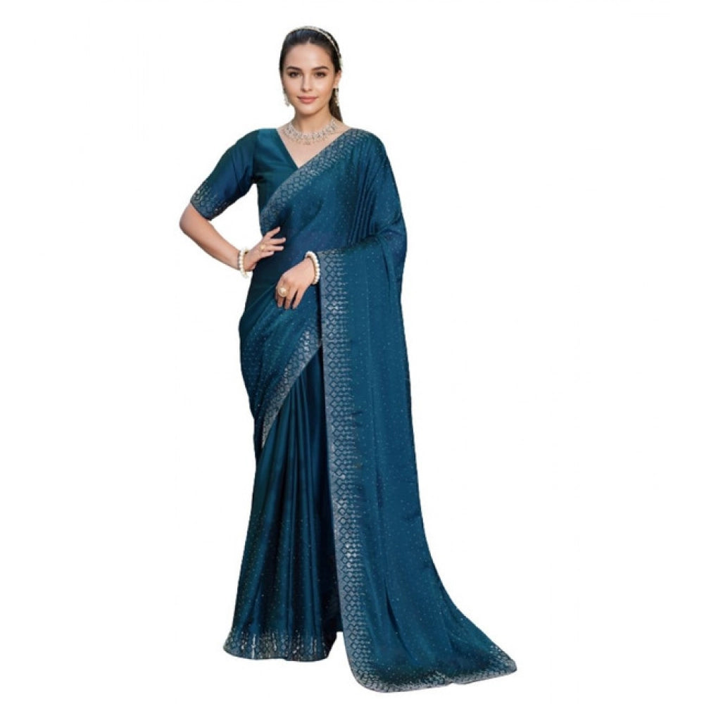 Generic Women's Rangoli Diamond Weaving - Stone Work Saree With Unstitched Blouse 5.5Mtr (Teal) Main image