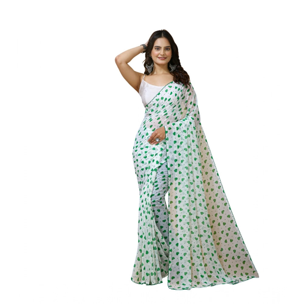 Generic Women's Georgette Printed Saree With Unstitched Blouse 5.5Mtr (White-Green) Main image
