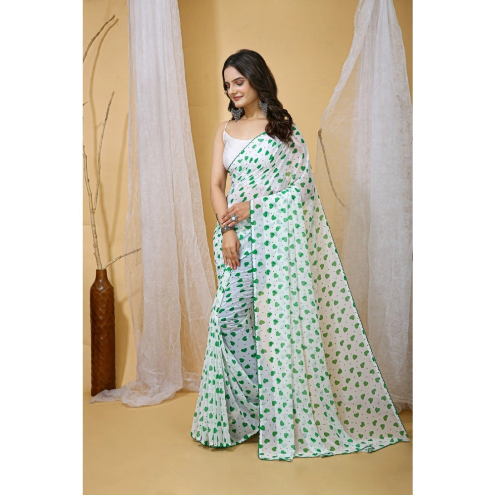 Generic Women's Georgette Printed Saree With Unstitched Blouse 5.5Mtr (White-Green)