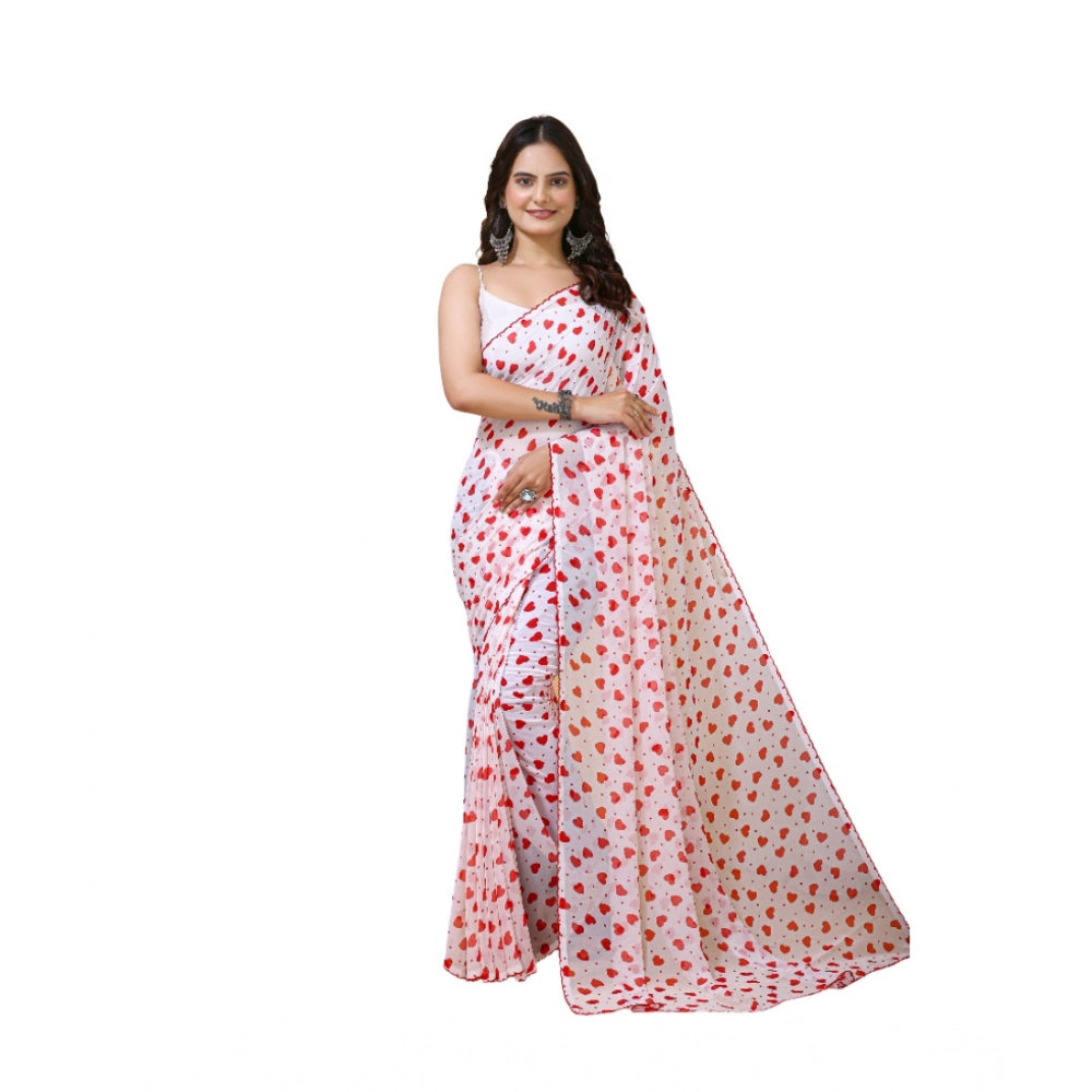 Generic Women's Georgette Printed Saree With Unstitched Blouse 5.5Mtr (White-Red)