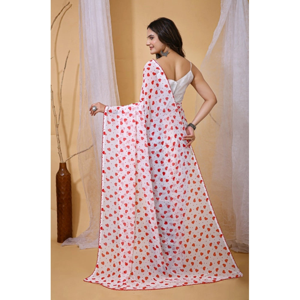 Generic Women's Georgette Printed Saree With Unstitched Blouse 5.5Mtr (White-Red) Secondary image