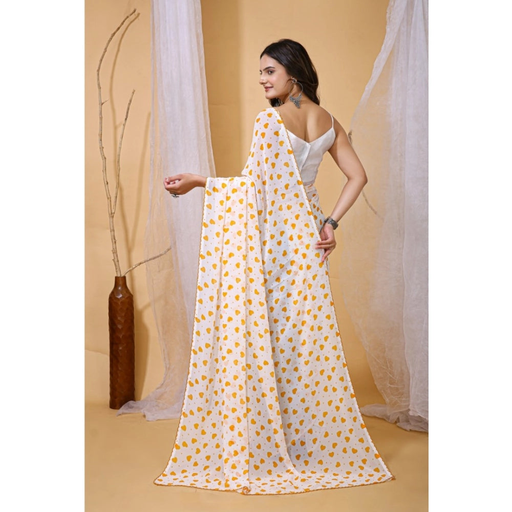 Generic Women's Georgette Printed Saree With Unstitched Blouse 5.5Mtr (White-Yellow) Secondary image