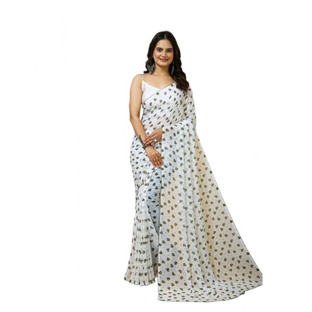 Generic Women's Georgette Printed Saree With Unstitched Blouse 5.5Mtr (White-Grey) Main image