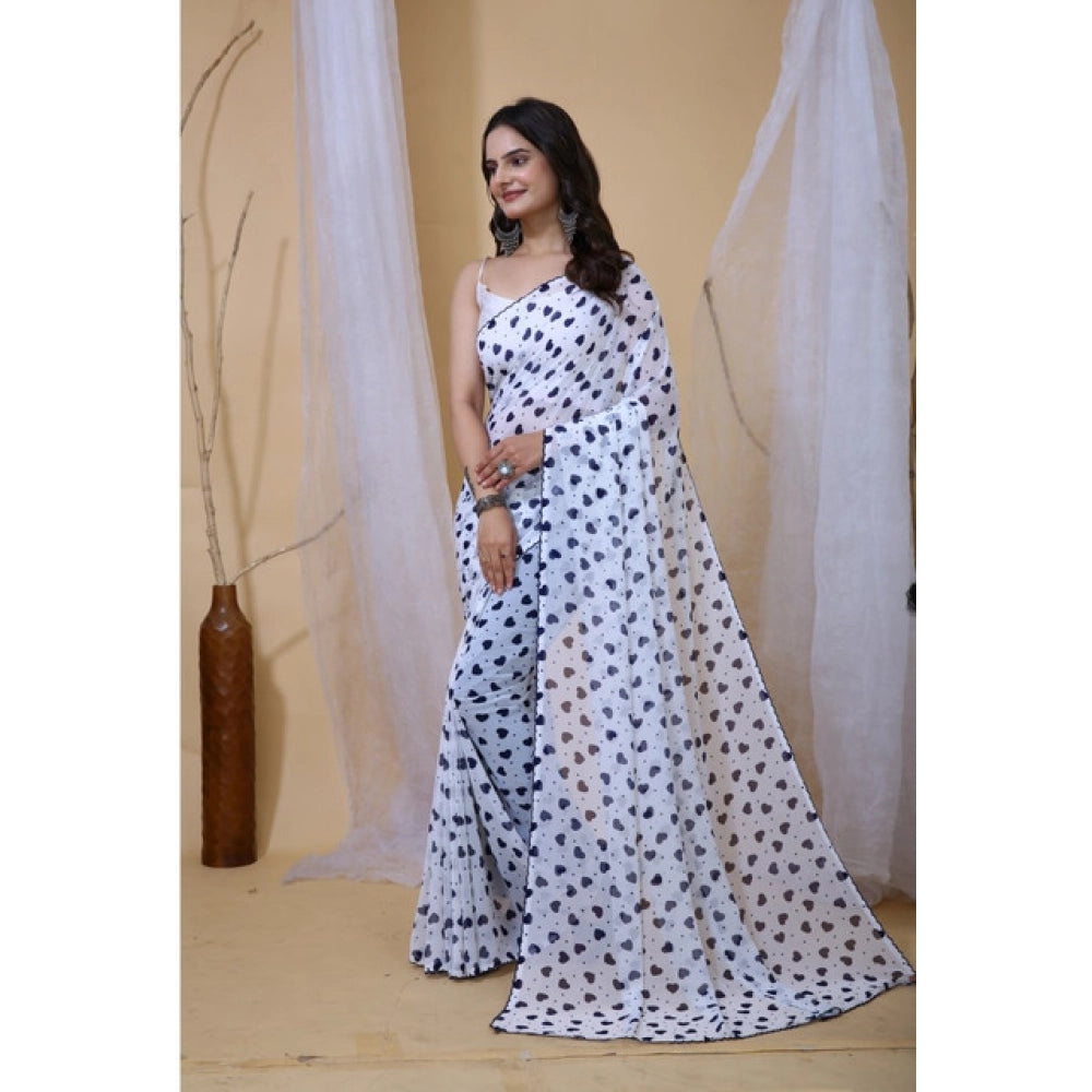 Generic Women's Georgette Printed Saree With Unstitched Blouse 5.5Mtr (White-Blue) Secondary image