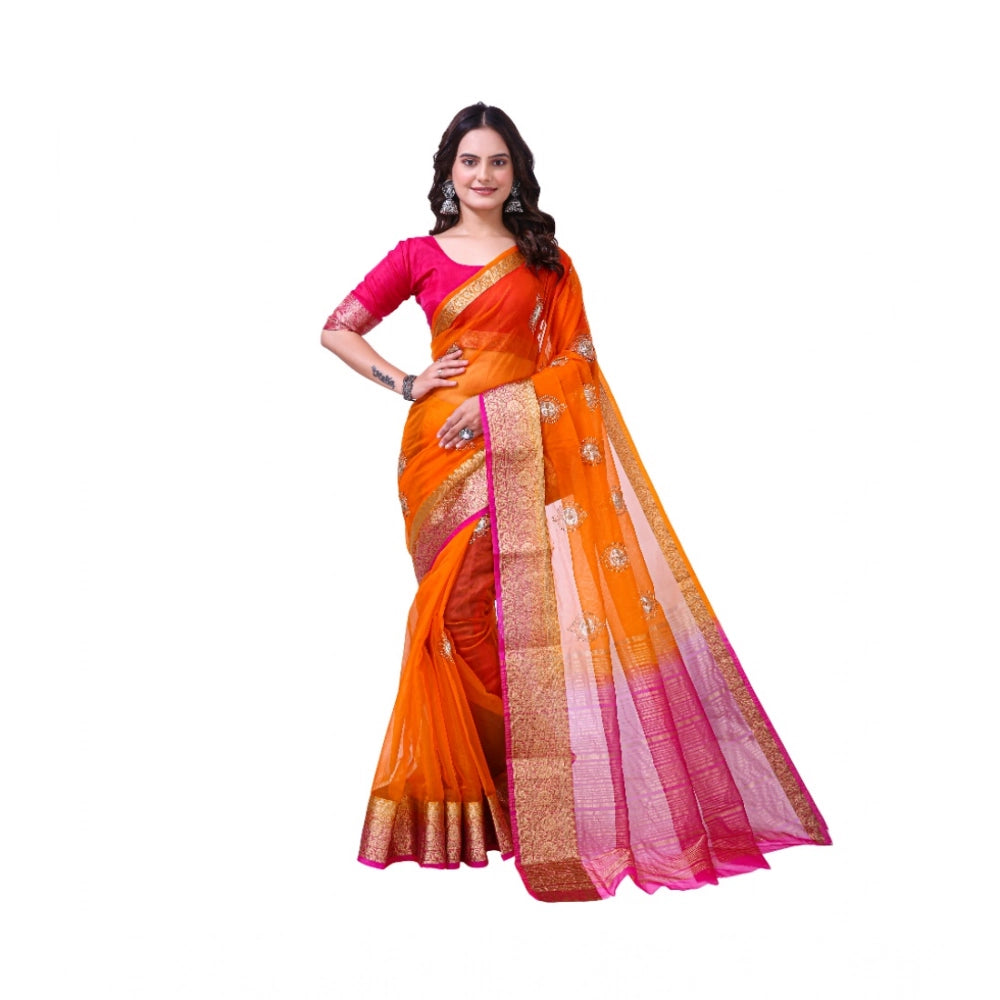 Generic Women's Organza jacquard Embellished Saree With Unstitched Blouse 5.5Mtr (Orange) Main image