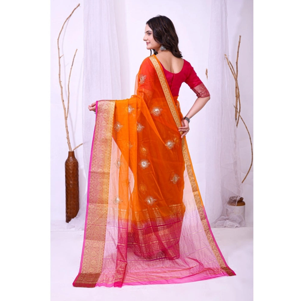 Generic Women's Organza jacquard Embellished Saree With Unstitched Blouse 5.5Mtr (Orange) Secondary image