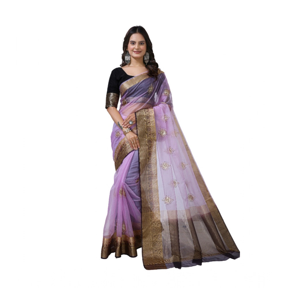 Generic Women's Organza jacquard Embellished Saree With Unstitched Blouse 5.5Mtr (Purple) Main image