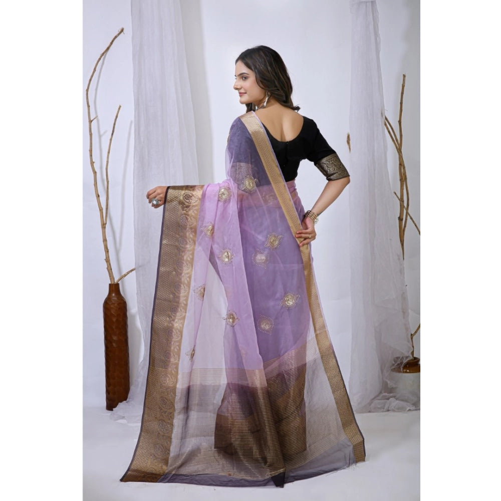 Generic Women's Organza jacquard Embellished Saree With Unstitched Blouse 5.5Mtr (Purple) Secondary image